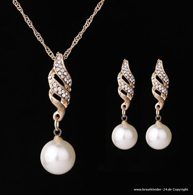 Kettenset Kette Ohrhänger Perlenimitationen Strass Brautkette Brautschmuck creme 
