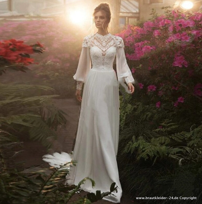 Brautkleider Spitzen A-Linie Hochzeitskleid Brautmode Langarm Standesamt Vintage Brautkleid