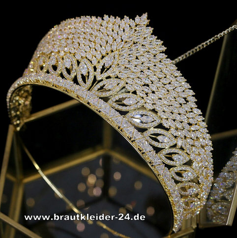 Braut Krone Tiara Diadem, Luxus Gold Braut Krone Diadem Amalia