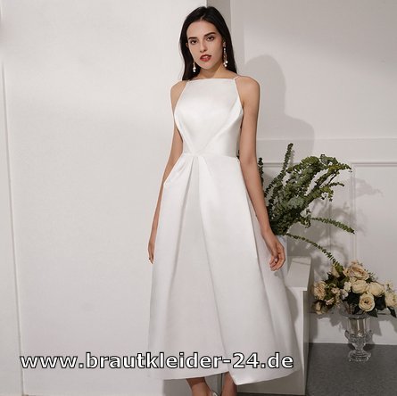 Elegnantes Spaghettiträger Standesamtkleid in Weiss Knöchellang mit Träger