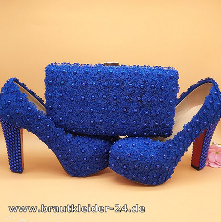 Royal Blaues Blume Perlen Brautschuhe mit Handtasche