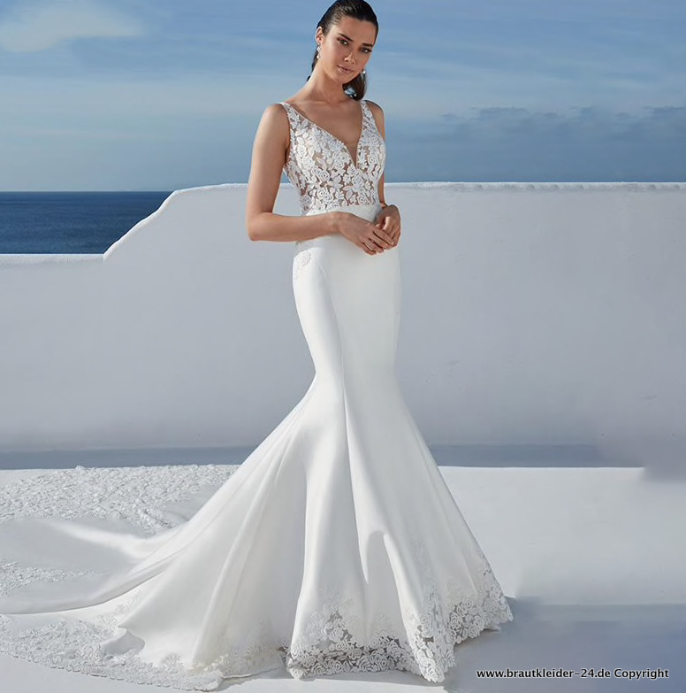Meerjungfrau Hochzeitskleid Brautkleid mit Spitzen Ausschnitt und Schleppe