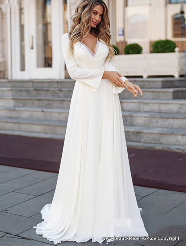 Bohosytle Standesamtkleid Hochzeitskleid in Weiß mit V Ausschnitt und Ärmel