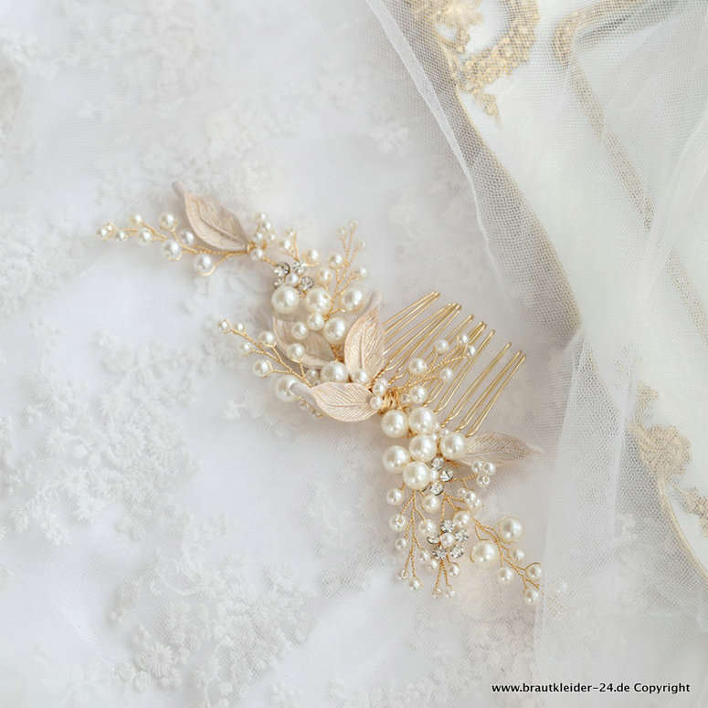 Braut Haarschmuck Haarkamm in Gold mit Perlen