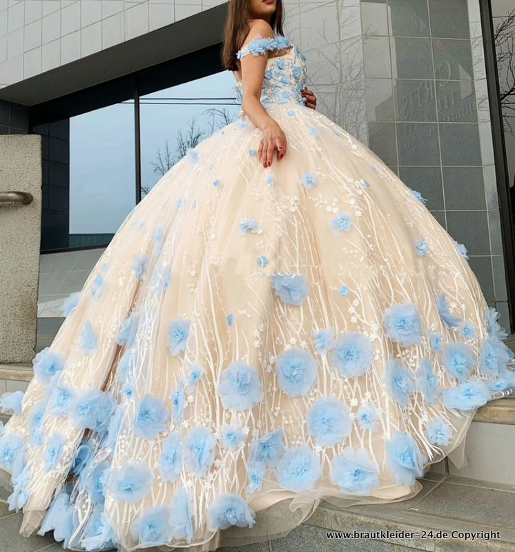 Prinzessin Quinceanera Brautkleid Hochzeitskleid in Champagne mit Blumen