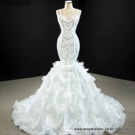 Luxus Meerjungfrau Brautkleid Hochzeitskleid mit Rüschen und Perlenstickerei