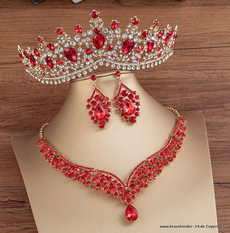 Kristall Brautschmuck Set Krone Halskette und Ohrringe in Silber Rot