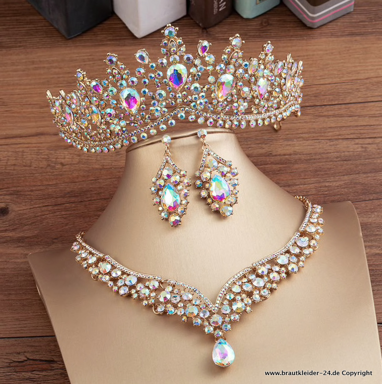 Kristall Brautschmuck Set Krone Halskette und Ohrringe in Silber Bunt