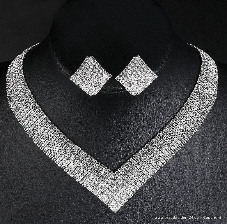 Luxus Kristall Brautschmuck Set in Silber Halskette mit Ohrringe