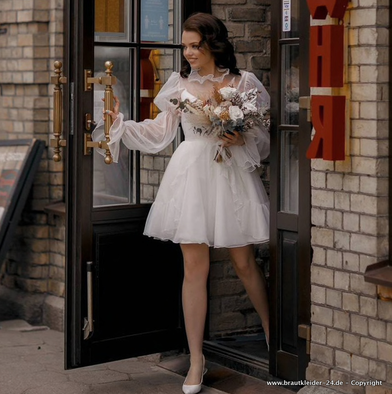 Mini Brautkleid Kurzes Hochzeitskleid mit Tüll Ärmel