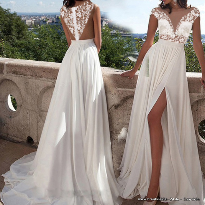 A Linie Kleid für die Braut mit Spitzen Ausschnitt Standesamtmode Online