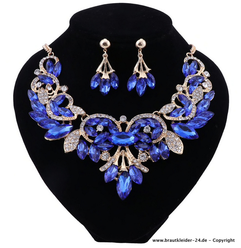 Blau Kristall Halskette mit Ohrringe im Set Brautschmuck