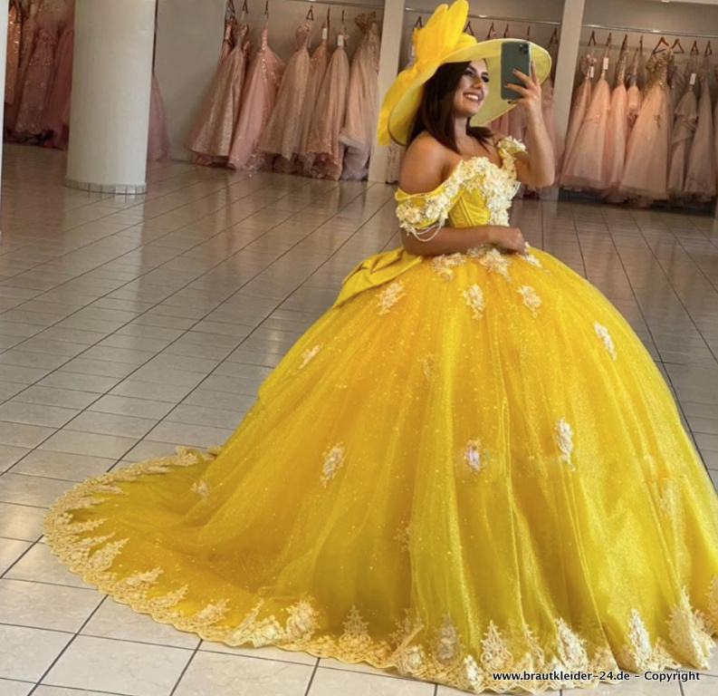 Quinceanera Kleid Brautkleid mit Blumen in Gelb