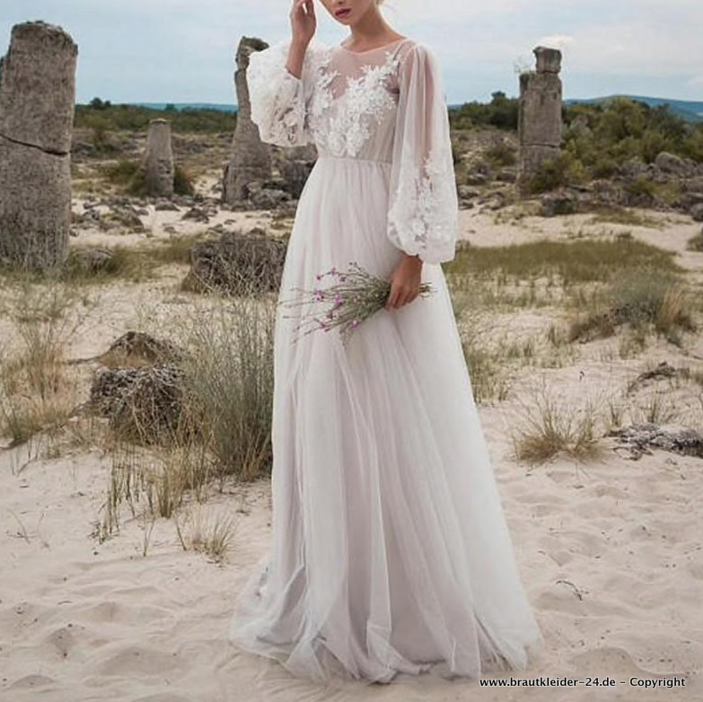Boho Style Langarm Kleid für die Braut mit Tüll und Spitze Standesamtmode