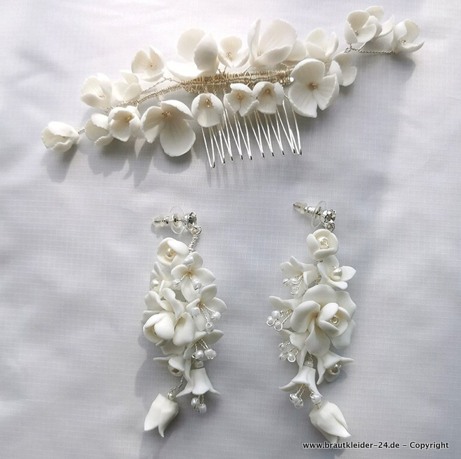 Weiße Porzellan Blumen Braut Schmuck Set Ohrringe mit Haarkamm