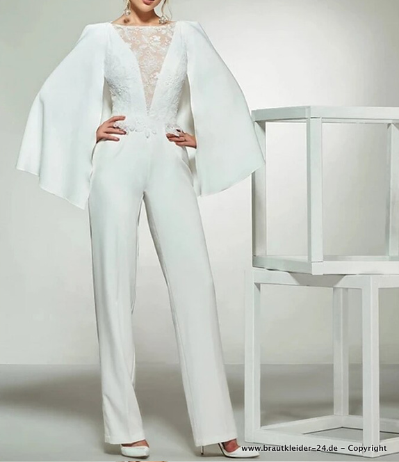 Braut Overall Jumpsuit für den Standesamt Elegant in Weiß mit Stola Ärmel