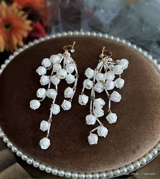 Perlen Blumen Braut Ohrringe Brautschmuck Weiß