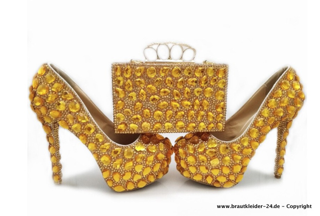 High Heel Brautschuhe mit Tasche in Gold im Set 6 - 14 cm Absatz 