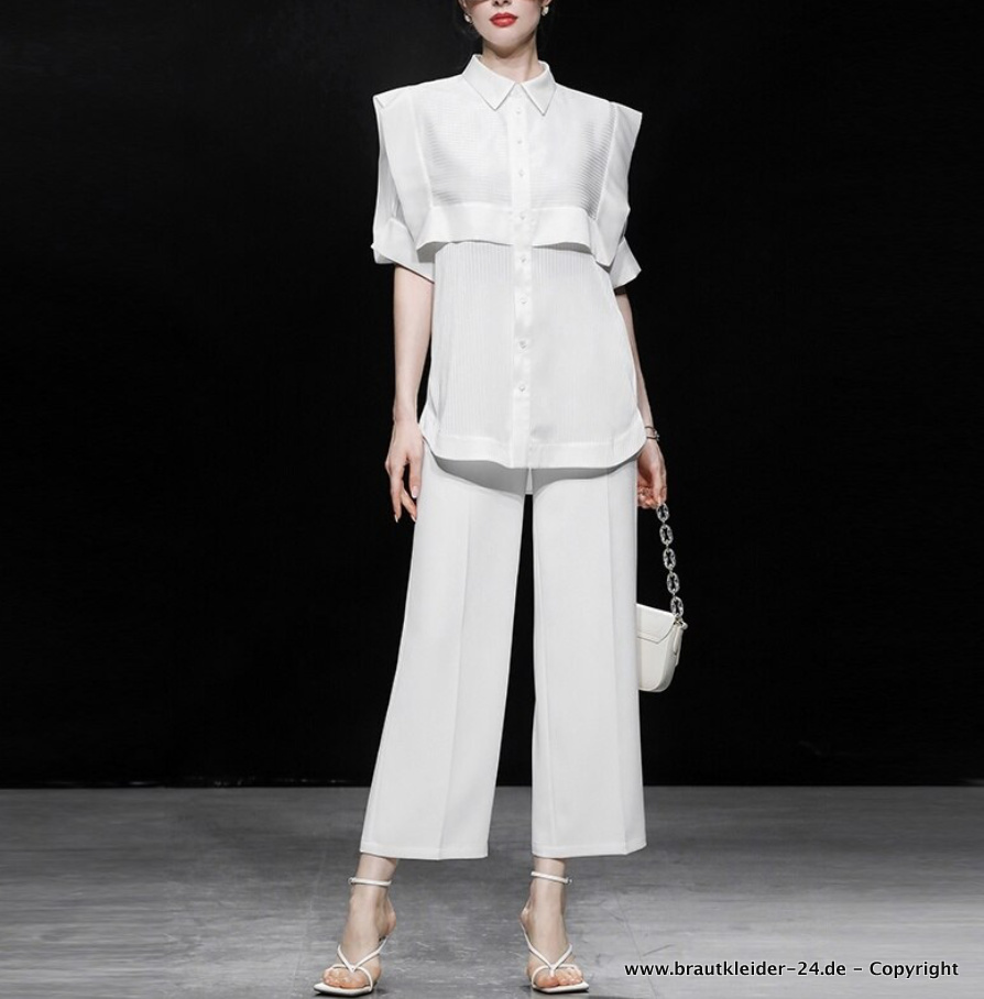 Elegantes Standesamt Outfit Marlene Hose mit Bluse im Set Weiß