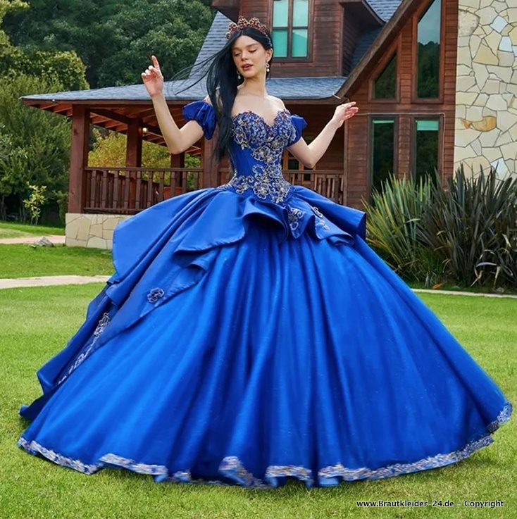 Prinzessin Quinceanera Brautkleid Hochzeitskleid mit Schleppe und Stick Blau