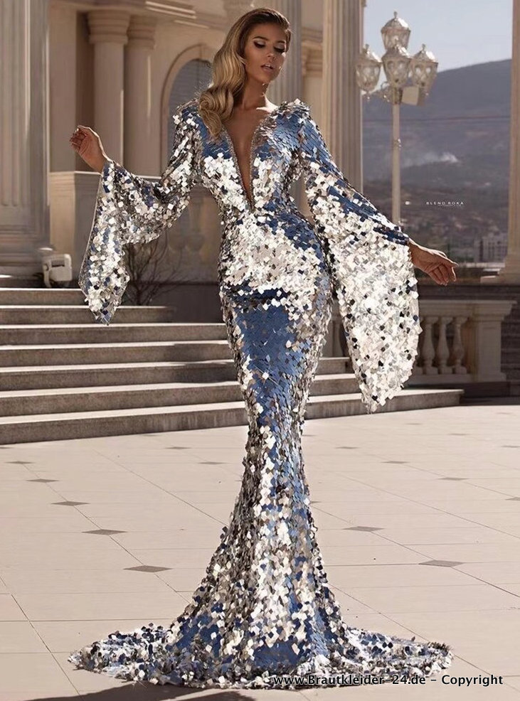 Luxus Glitzer Meerjungfrau Standesamtkleid für die Braut in Silber