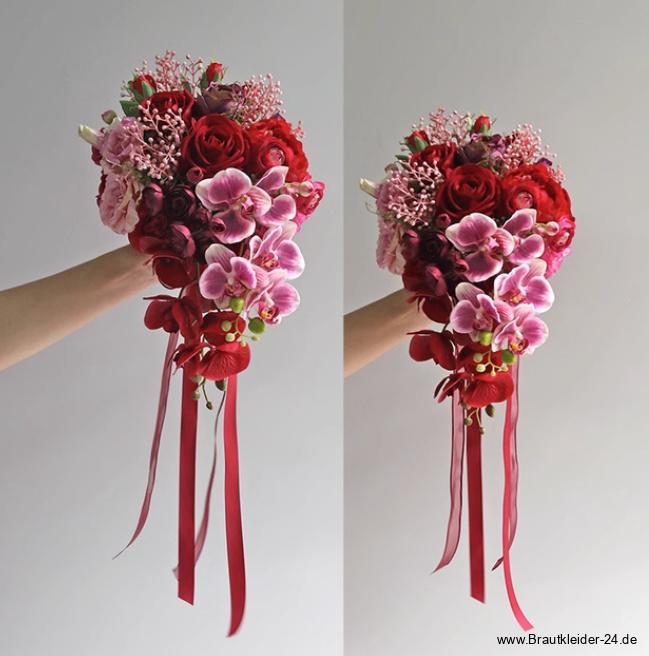 Wasserfall Hochzeit Bouquet Brautstrauß mit Rosen und Orchideen Rot