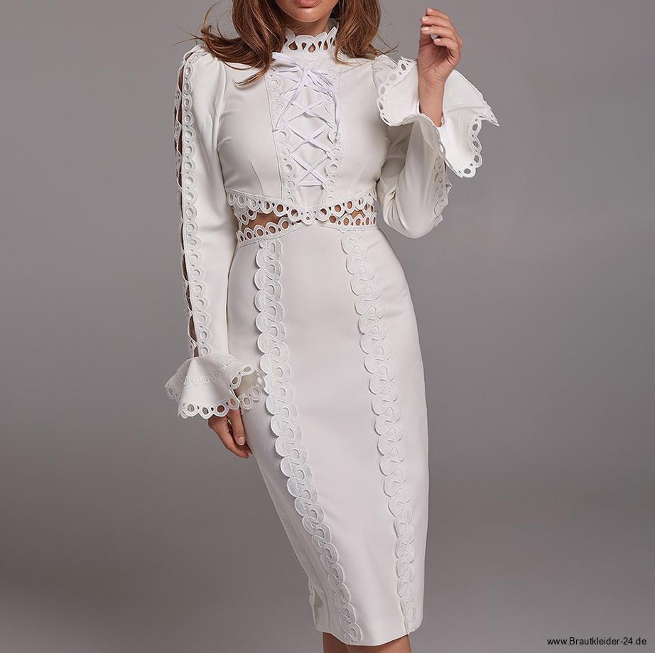 Elegantes Vintage Langarm Midi Bodycon Standesamtkleid für die Braut in Weiß