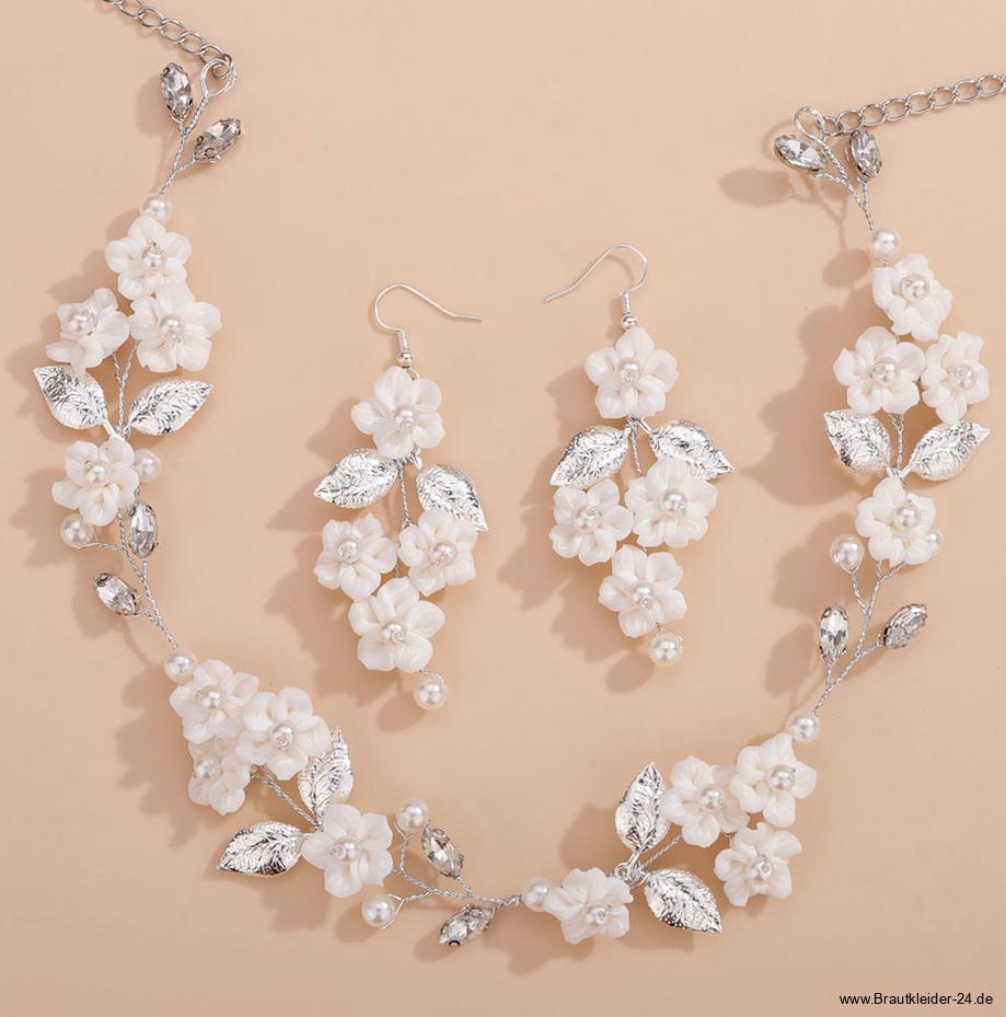 Brautschmuck Set Hanka Halskette mit Ohrringe Silber mit Porzellan Blumen
