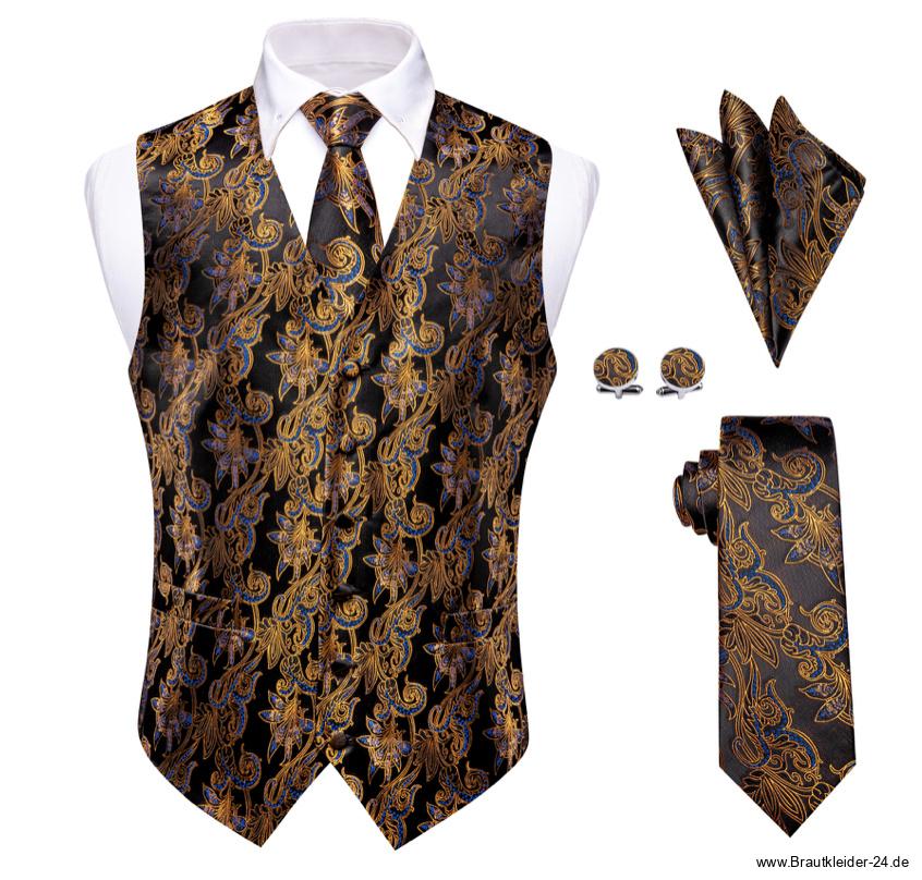 Bräutigam Mode Weste Krawatte Tuch und Knöpfe Set Gold Schwarz Klassisch