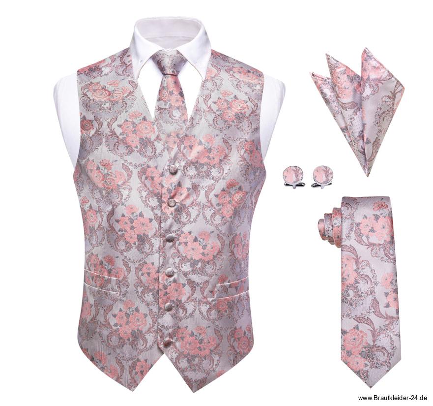 Bräutigam Mode Weste Krawatte Tuch und Knöpfe In Silber Blumenmuster Klassisch
