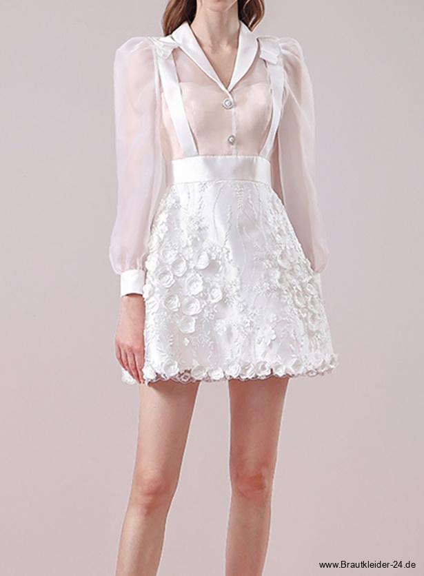 Langarm Mini Standesamtkleid für die Braut mit 3D Blumen
