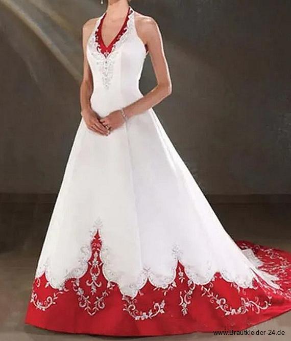 Neckholder Träger Brautkleid Iwalani mit Schleppe in Weiß Rot Applikationen