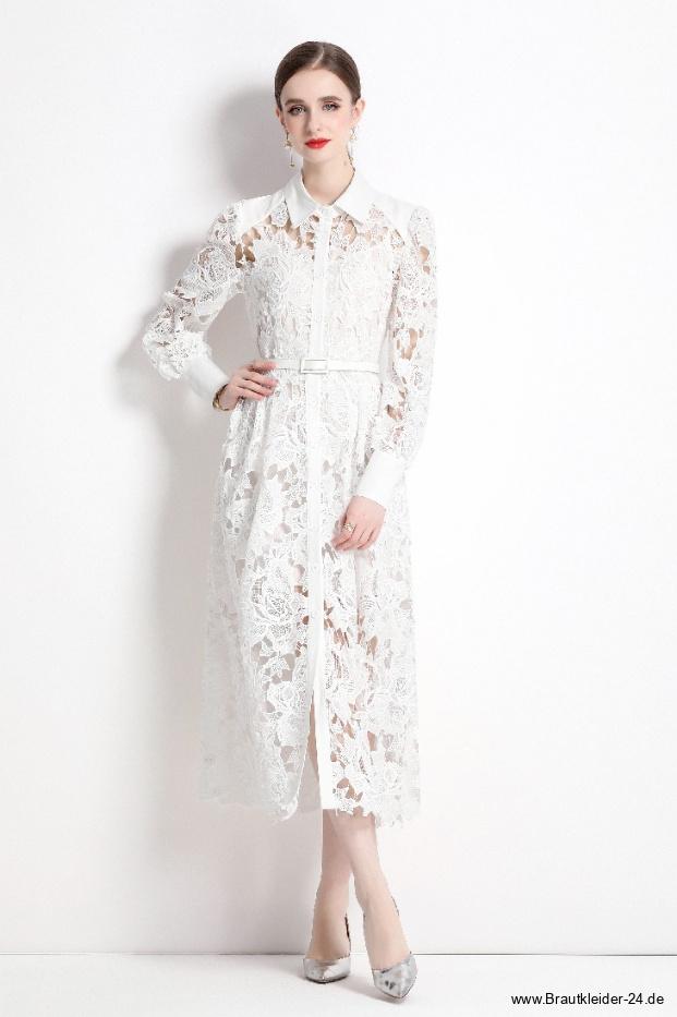 Langarm Vintage Standesamtkleid für die Braut aus Spitze Wadenlang