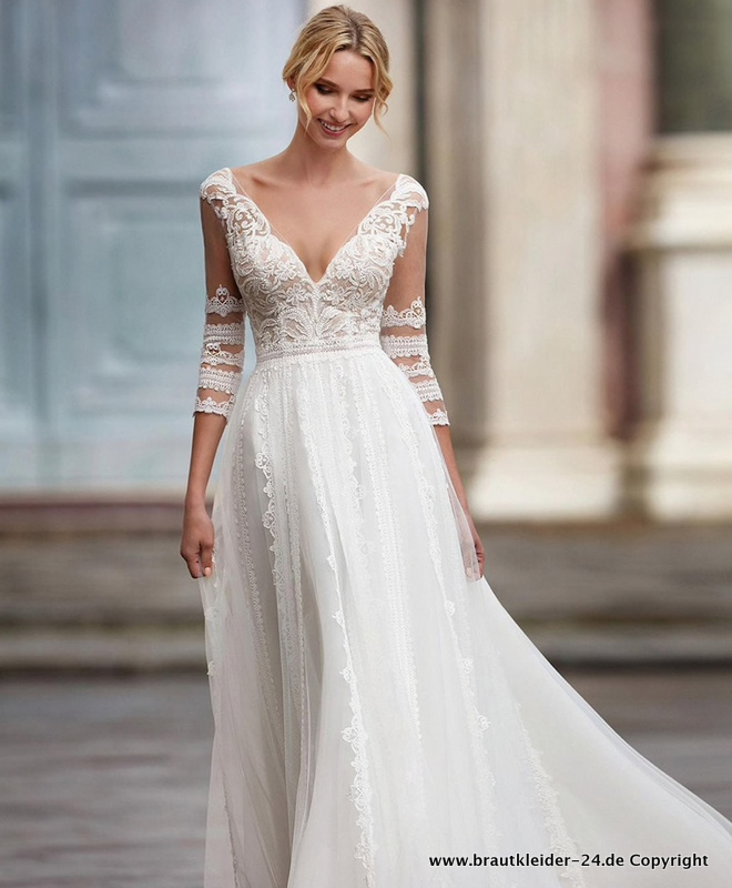Elegantes A Linie Brautkleid Anastasia mit Dreiviertel Arm und Spitzen Ausschnit