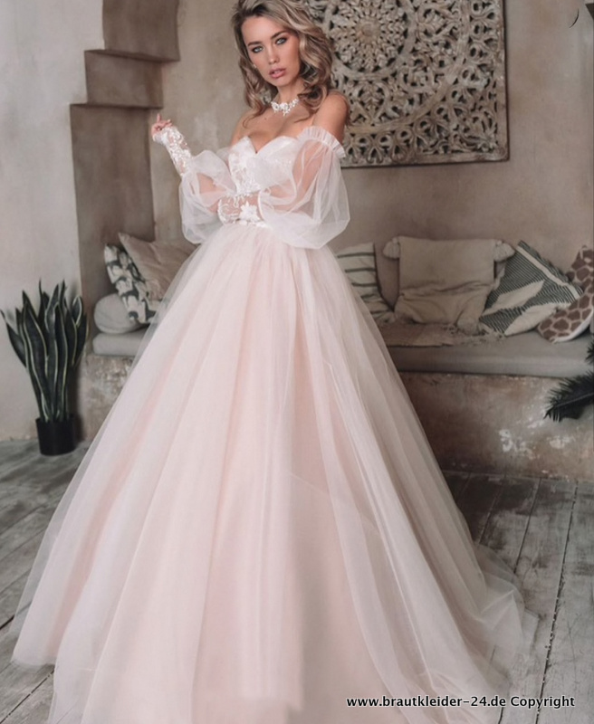 Elegantes Schulterfreies Brautkleid Aimée in Zartrosa mit Applikationen