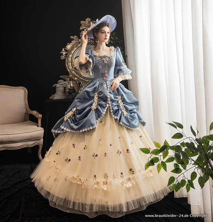 Barock Marie Antoinette Style Brautkleid in Blau Champagne mit Blumen