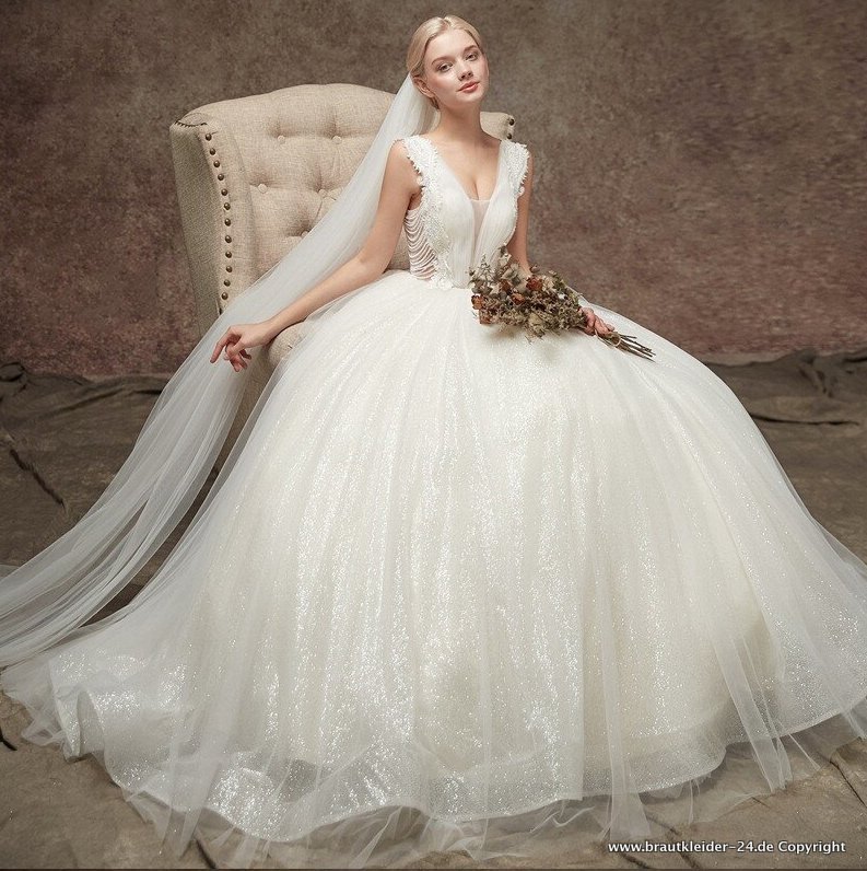 Organza Brautkleid Hochzeitskleid mit V Ausschnitt und Perlenkette Applikationen
