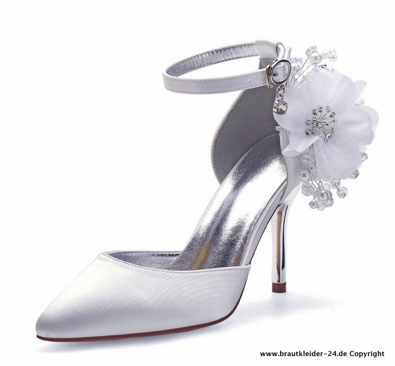 Satin Perlen Blume High Heels Hochzeit Schuhe Brautschuhe in Weiß