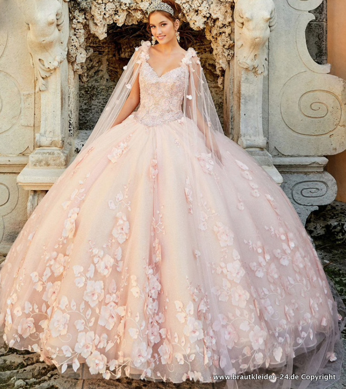 Rosa Prinzessin Quinceanera Kleid mit Cape Brautkleid Blumen Hochzeitskleid