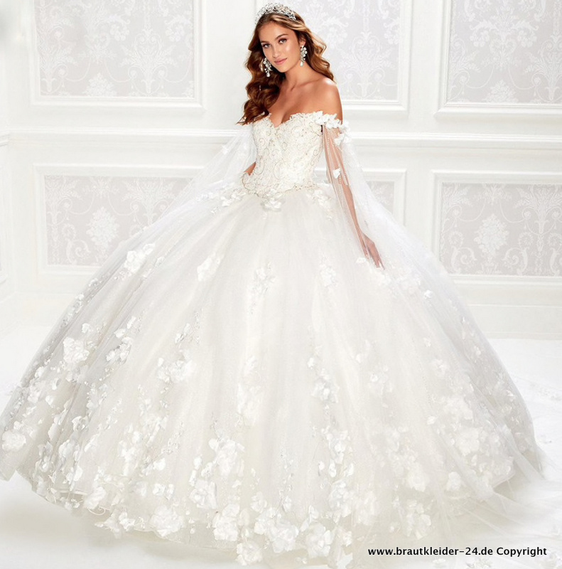 Prinzessin Quinceanera Kleid mit Cape Brautkleid Blumen Hochzeitskleid Weiß