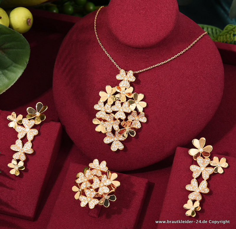 Luxus Brautschmuck Set in Gold mit 3D Blumen