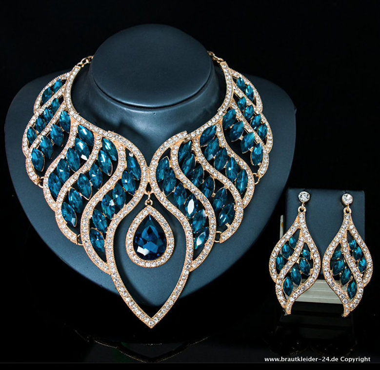 Waterdrop Kristall Halskette mit Ohrringe Brautschmuck in Gold Blau