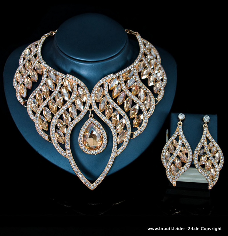 Waterdrop Kristall Halskette mit Ohrringe Brautschmuck in Gold