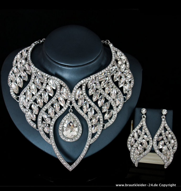 Waterdrop Kristall Halskette mit Ohrringe Brautschmuck in Silber