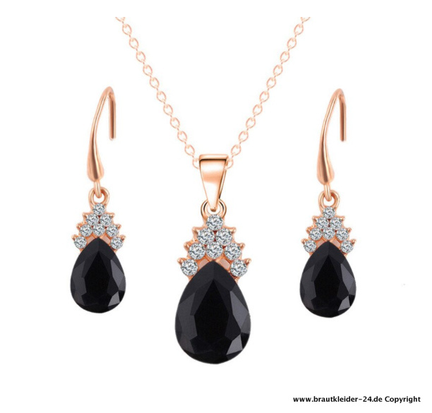 Kristall Anhänger mit Halskette und Ohrringe Brautschmuck Set in Gold Schwarz