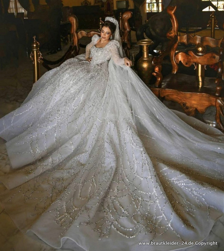 Pailletten Kristall Luxus Brautkleid mit 1,5 Meter Schleppe Abnehmbar