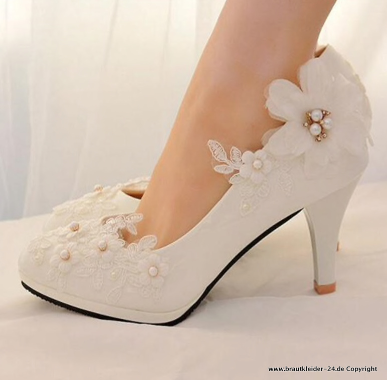 Klassische Weiße Brautschuhe mit Blumen 8cm