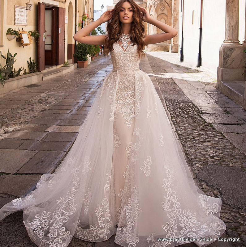 Meerjungfrau Brautkleid Voll Bestickt mit Abnehmbarem Rock