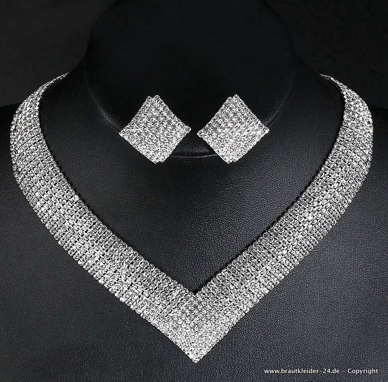 Luxus Kristall Brautschmuck Set in Silber Halskette mit Ohrringe