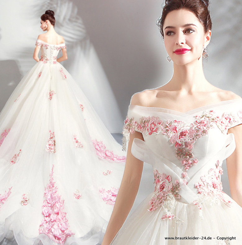 Schulterfreies Brautkleid mit Schleppe und 3D Blumen in Rosa